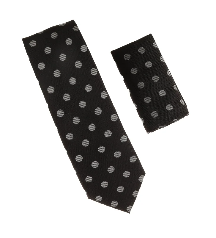 Luxury silk tie for business professionals-Polka Dot Black Extra Long Tie With Matching Pocket Square