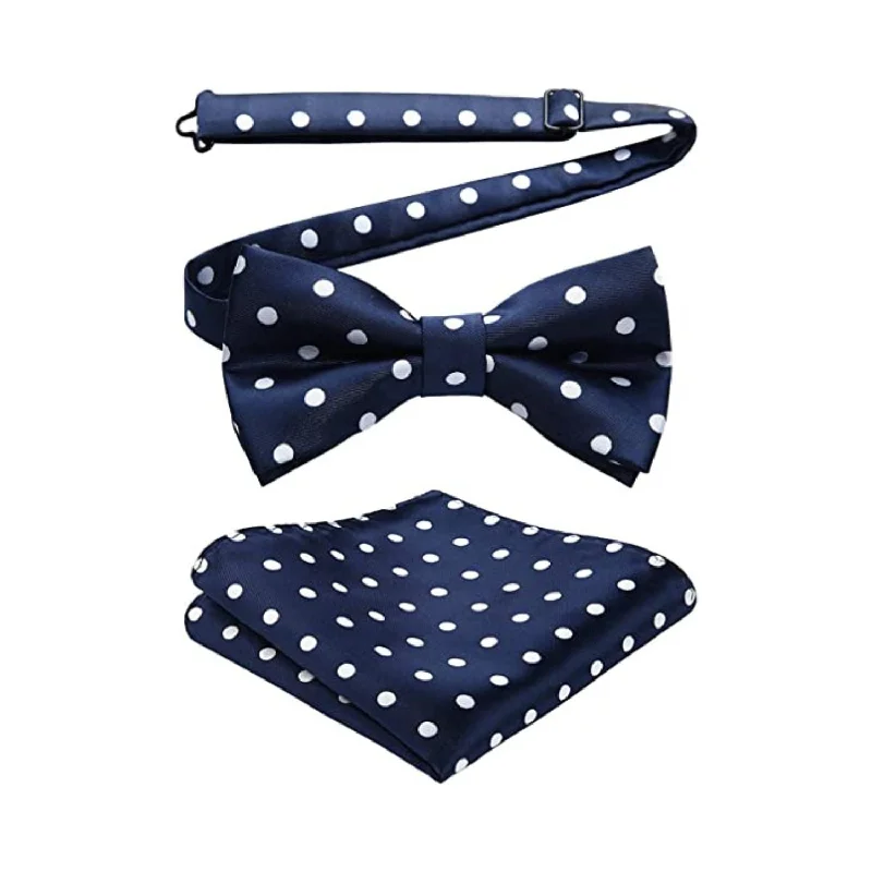 Men's tie for business meetings with modern designs-Polka Dot Pre-Tied Bow Tie & Pocket Square - A-BLUE/WHITE