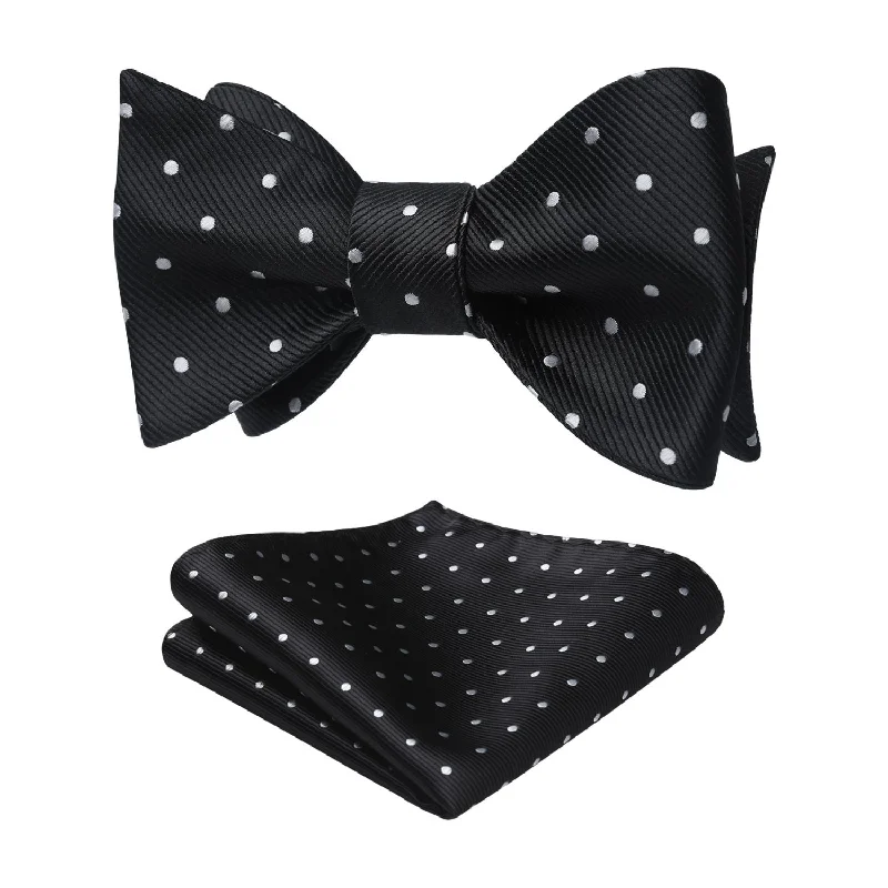 Men's tie with bold checks for casual wear-Polka Dots Bow Tie & Pocket Square - B-BLACK/SILVER