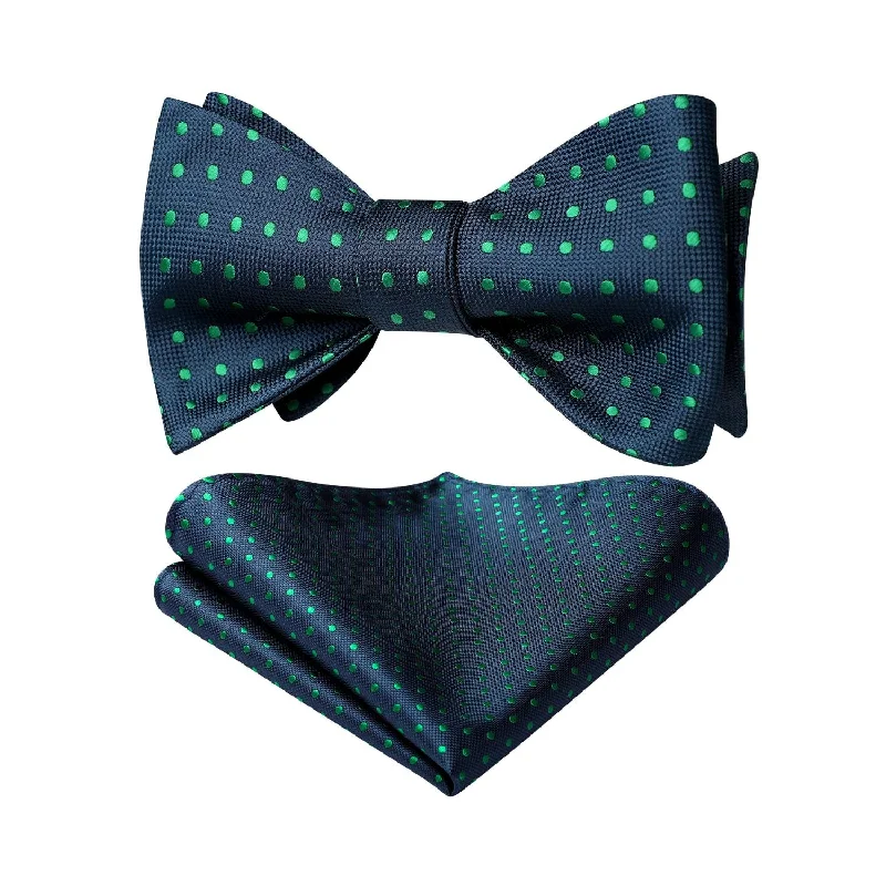 Designer men's tie for sophisticated look-Polka Dots Bow Tie & Pocket Square - C6-BLACK/GREEN