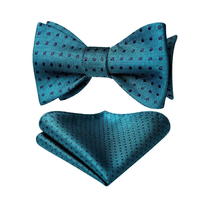 Stylish men's tie with subtle plaid pattern-Polka Dots Bow Tie & Pocket Square - E3-GREEN/NAVY BLUE