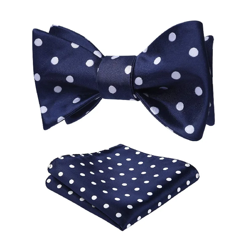 Luxury men's tie with velvet texture-Polka Dots Bow Tie & Pocket Square - F-BLUE/WHITE