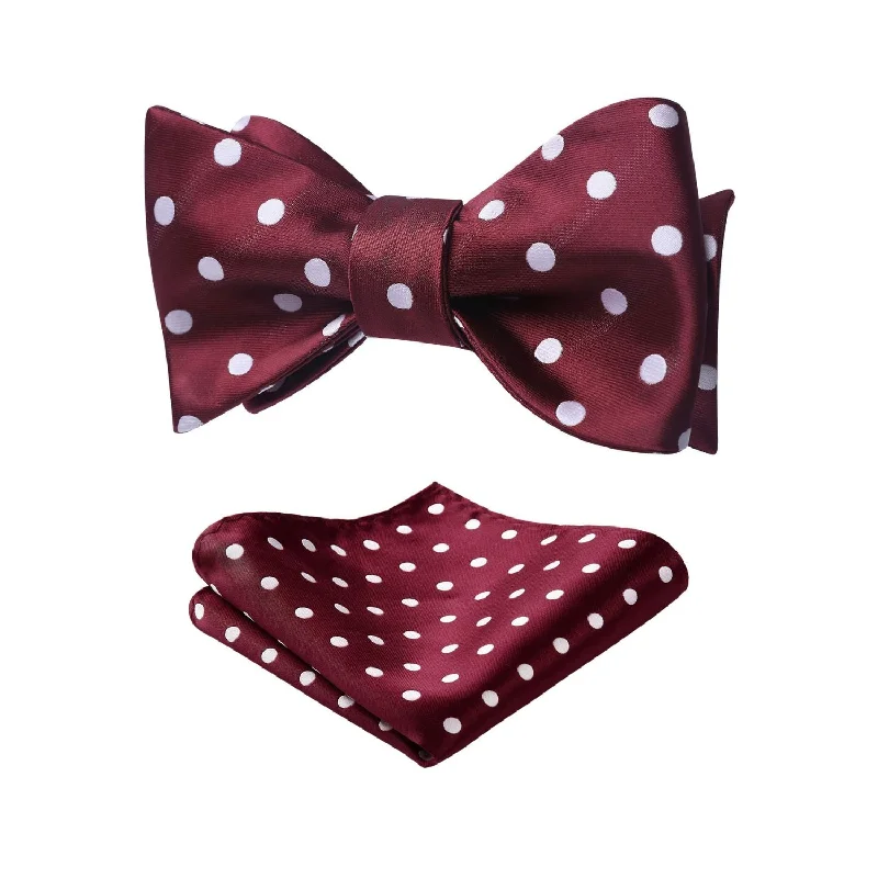 Stylish men's tie with floral accents-Polka Dots Bow Tie & Pocket Square - F-BURGUNDY / WHITE