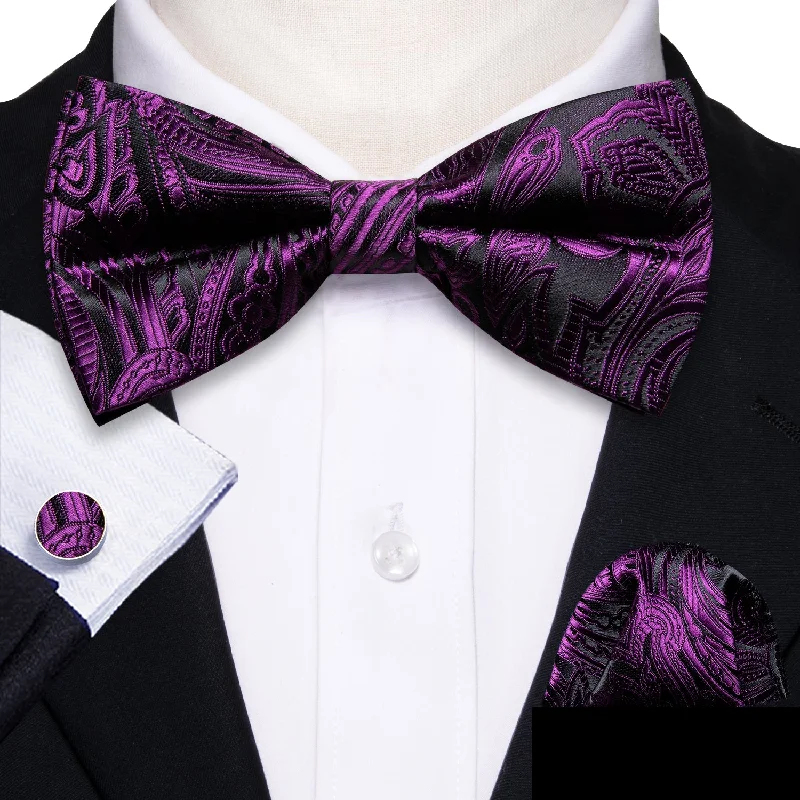 Men's tie for upscale charity events-Purple Black Paisley Pre-tied Bow Tie Hanky Cufflinks Set