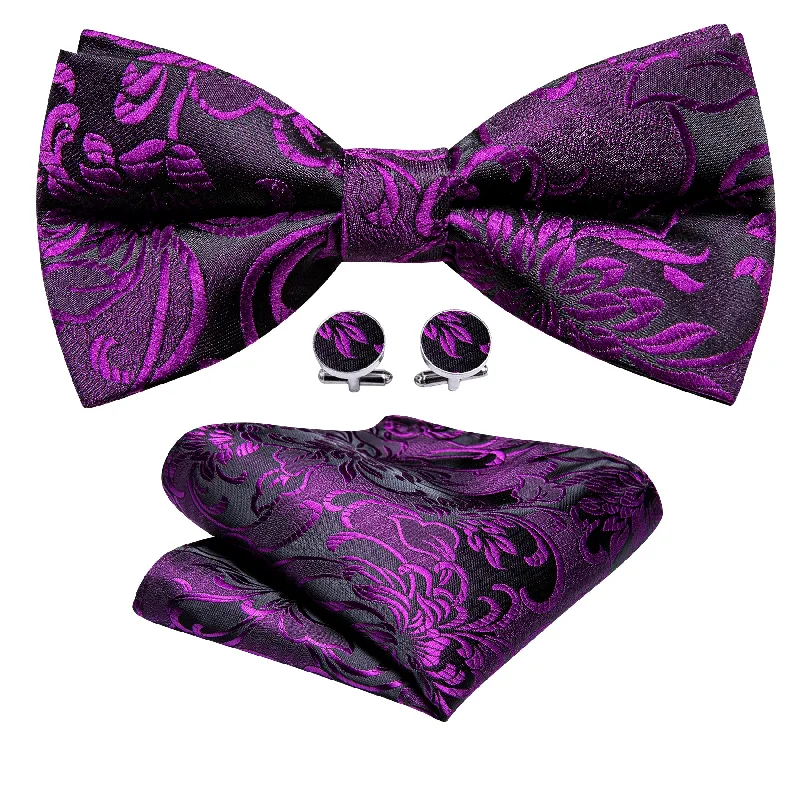 Men's tie with elegant plaid design for business meetings-Purple Black Paisley Pre-tied Bow Tie Hanky Cufflinks Set