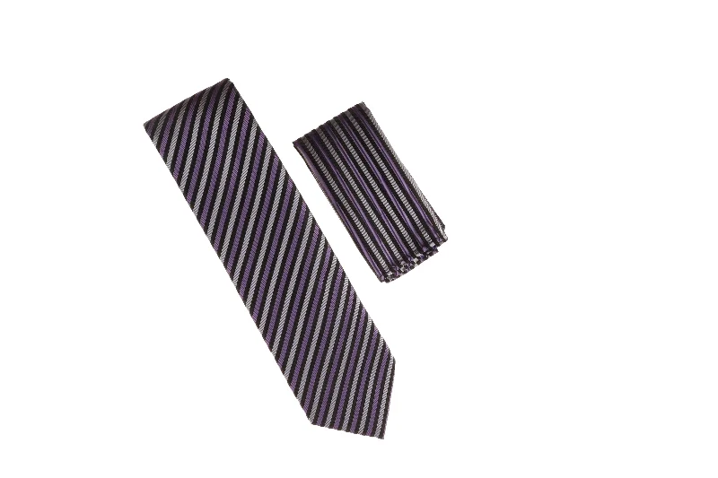 Men's tie with delicate embroidery-Purple, Lavender, & Black Striped Necktie with Matching Pocket Square