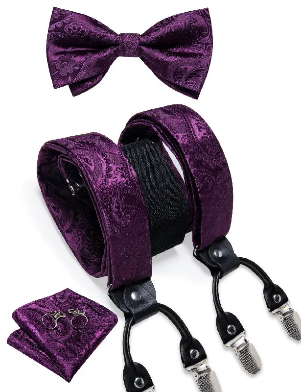 Men's tie for upscale corporate events-Purple Red Floral Brace Clip-on Men's Suspender with Bow Tie Set