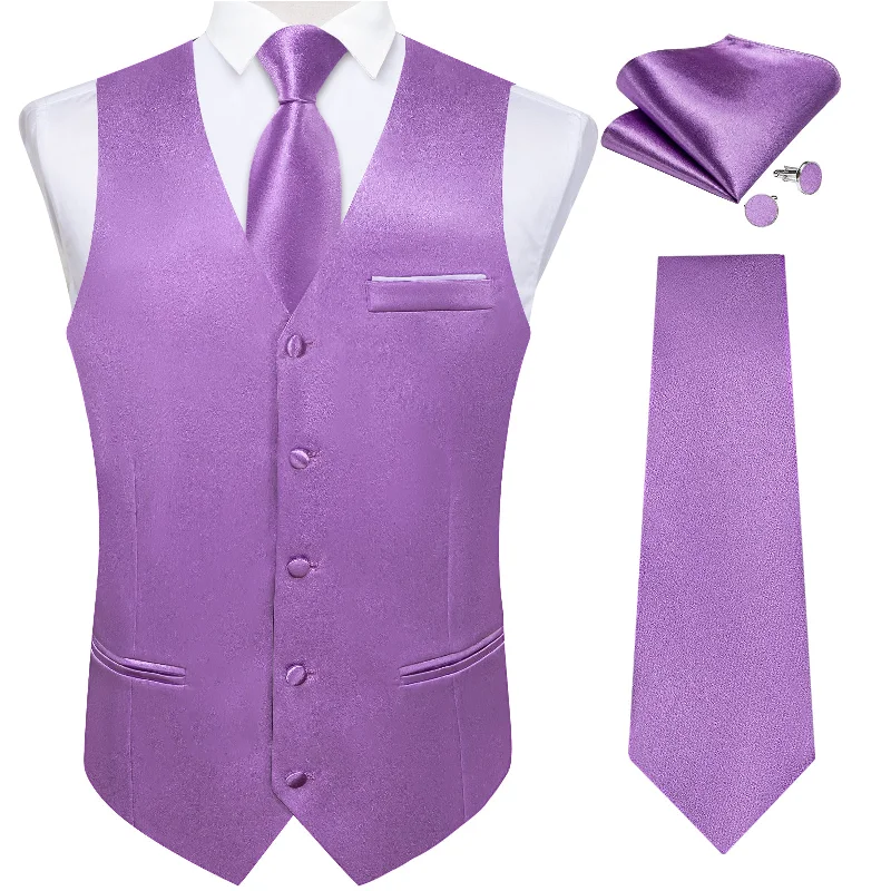 Men's tie with luxurious satin sheen-Purple Solid Satin Waistcoat Vest Tie Handkerchief Cufflinks Set