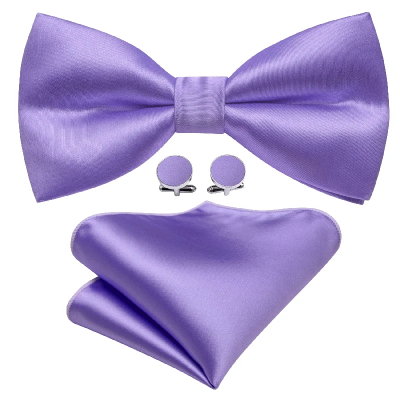 Stylish men's silk tie for evening functions-Purple Solid Silk Pre Tied Bow Tie Hanky Cufflinks Set