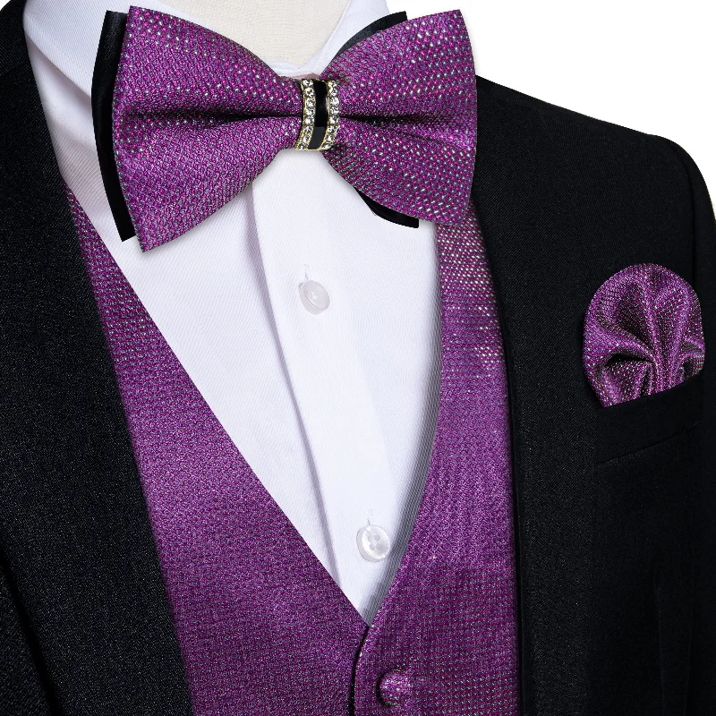 Classic men's tie for a professional business dinner-Purple Solid Waistcoat Vest Bowtie Handkerchief Cufflinks Set