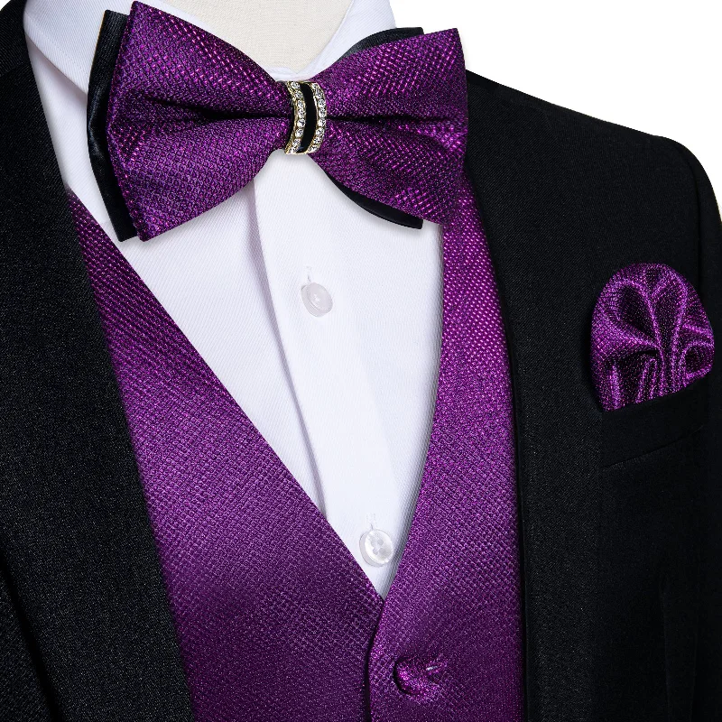 Designer men's necktie for special occasions-Purple Solid Waistcoat Vest Bowtie Handkerchief Cufflinks Set