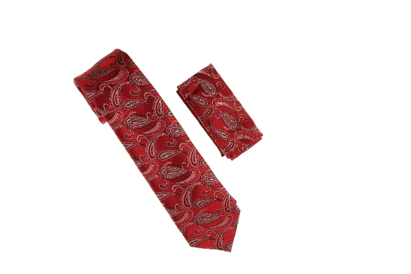 Men's tie with intricate jacquard design-Red, Black and Silver Paisley Necktie with Matching Pocket Square