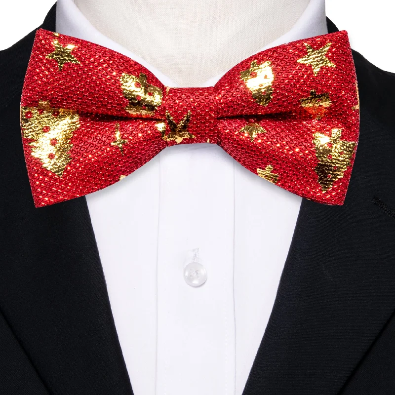 Luxury silk tie for business professionals-Red Gold Christmas Tree Silk Pre-tied Bow Tie