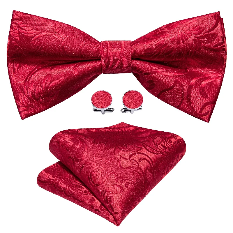 Men's tie for smart-casual office wear-Red Paisley Pre-tied Bow Tie Hanky Cufflinks Set