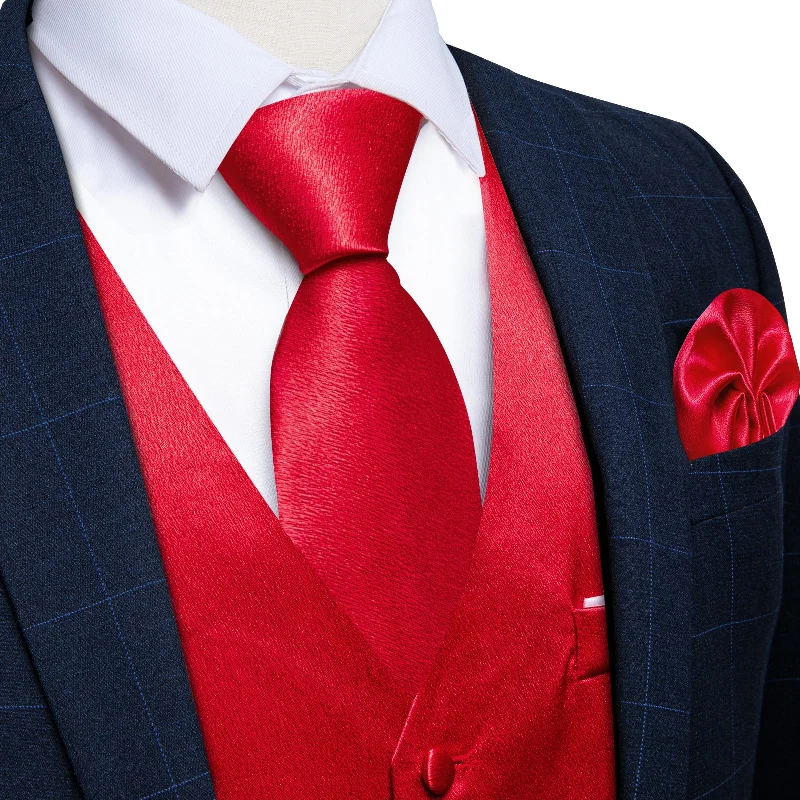 Stylish men's tie for professional look with rich fabric-Red Solid Satin Waistcoat Vest Tie Handkerchief Cufflinks Set