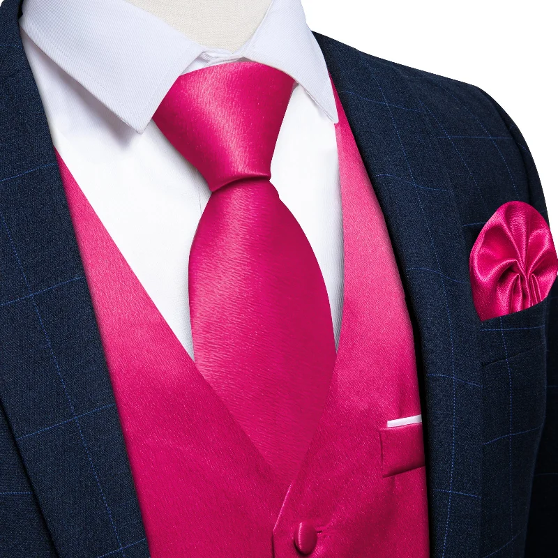 Men's tie with luxurious fabric for special occasions-Rose Pink Solid Satin Waistcoat Vest Tie Handkerchief Cufflinks Set