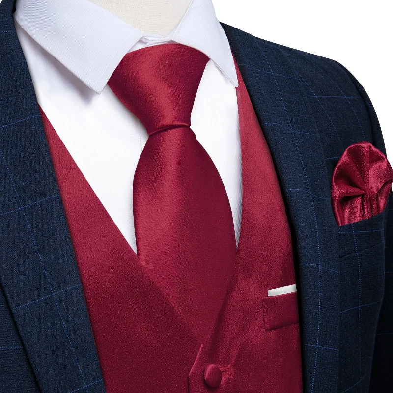 Men's tie with colorful checks for casual wear-Red Solid Satin Waistcoat Vest Tie Handkerchief Cufflinks Set