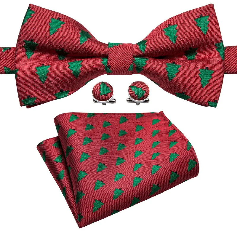 Elegant men's tie with embroidered details-Red Tree Silk Pre-tied Bow Tie Hanky Cufflinks Set