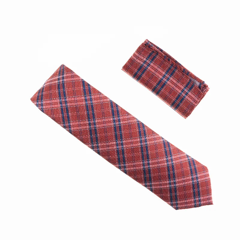 Men's tie with modern prints for a unique look-Red with Navy and Mini Silver Striped Designed Extra Long Necktie Tie with Matching Pocket Square