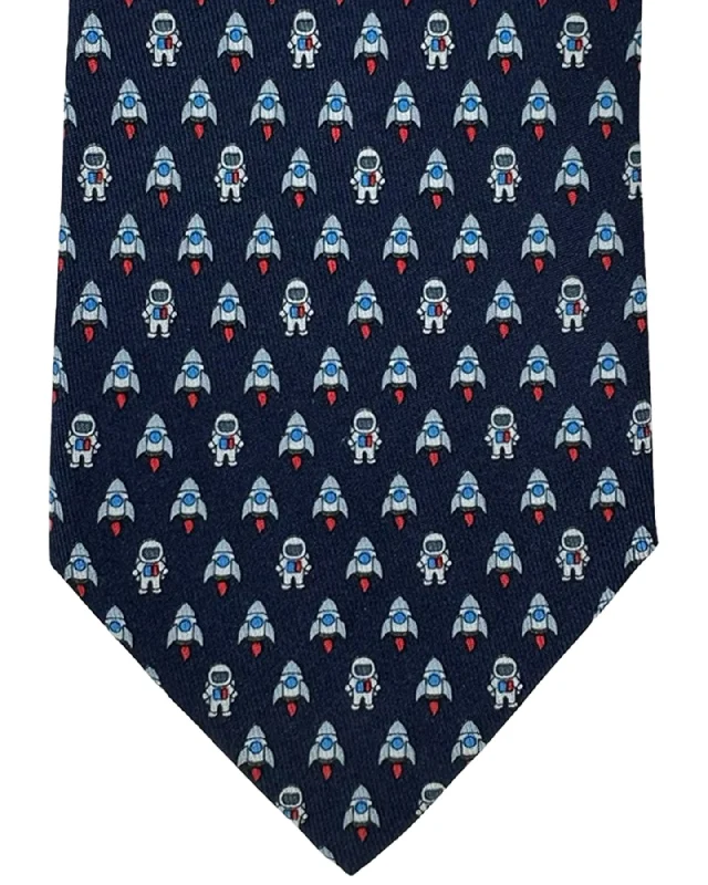 Men's tie with fine texture for job interviews-Salvatore Ferragamo Silk Tie  Navy Rocket & Astronaut