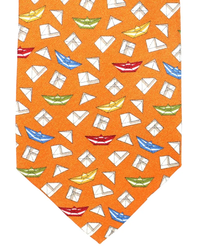 Elegant men's tie for corporate meetings-Salvatore Ferragamo Silk Tie Orange Origami Paper Boat Novelty FINAL SALE