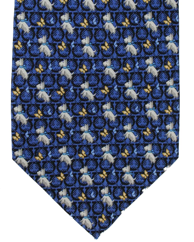 Best men's tie for a formal office dinner-Salvatore Ferragamo Tie Navy Dogs Gancini & Butterfly Design