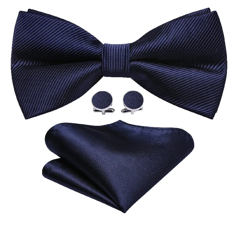 Men's tie with fine linen fabric for summer-Salvia Blue Solid Pre-tied Bow Tie Hanky Cufflinks Set