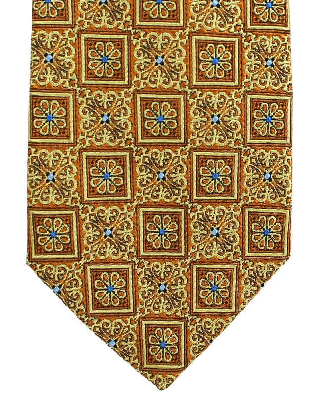 Best men's tie for elegant dinner parties-Sartorio Napoli Sevenfold Tie Orange Gold Blue Medallions SALE