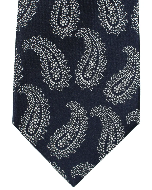 Best tie for weddings with bold patterns-Sartorio Sevenfold Tie Black Midnight Blue Silver Paisley Design