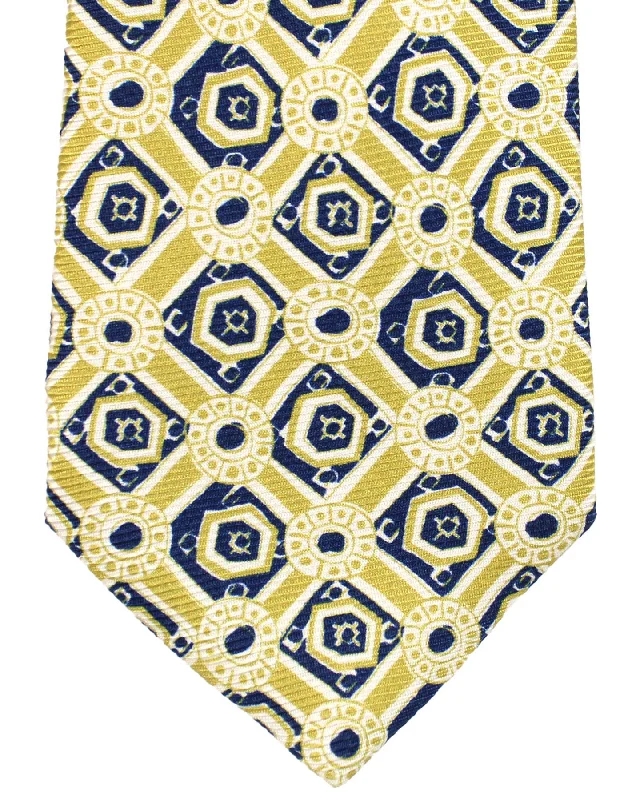 Men's tie for holiday office parties-Sartorio Sevenfold Tie Chartreuse Navy Medallions SALE