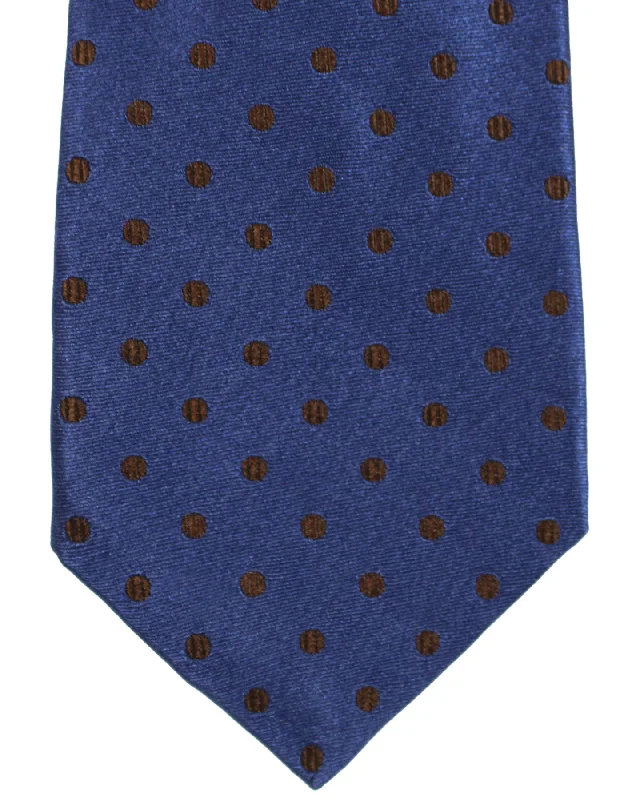 Men's tie with bold herringbone pattern-Sartorio Sevenfold Tie Midnight Blue Brown Dots Design