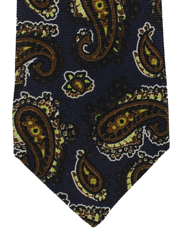 Classic men's tie with solid dark tones-Sartorio Sevenfold Tie Midnight Blue Brown Lime Paisley - Narrow Cut SALE