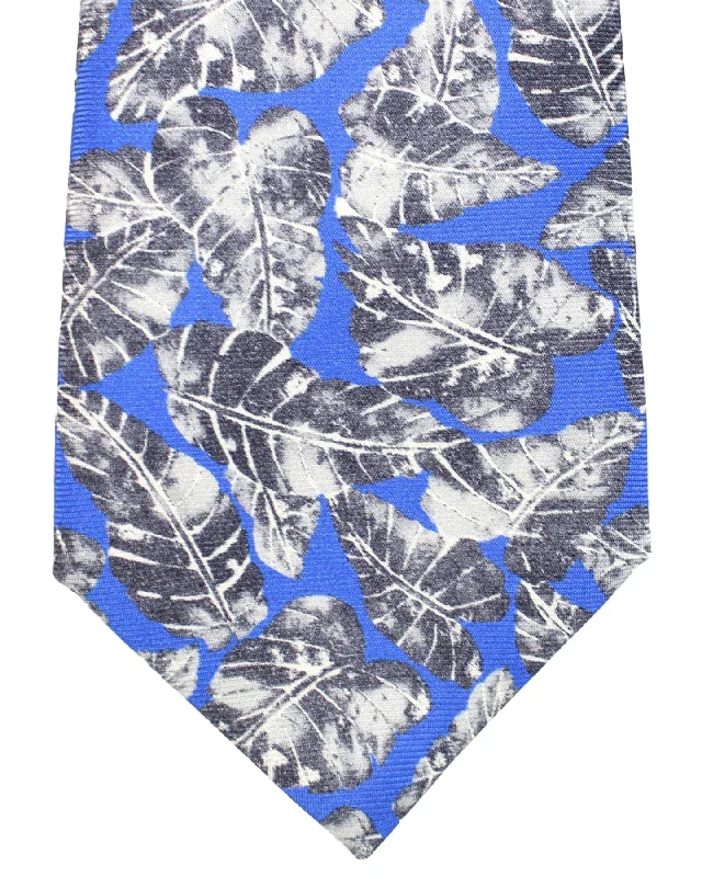 Men's tie with subtle floral pattern for business-Sartorio Sevenfold Tie Royal Blue Gray Leaves Design