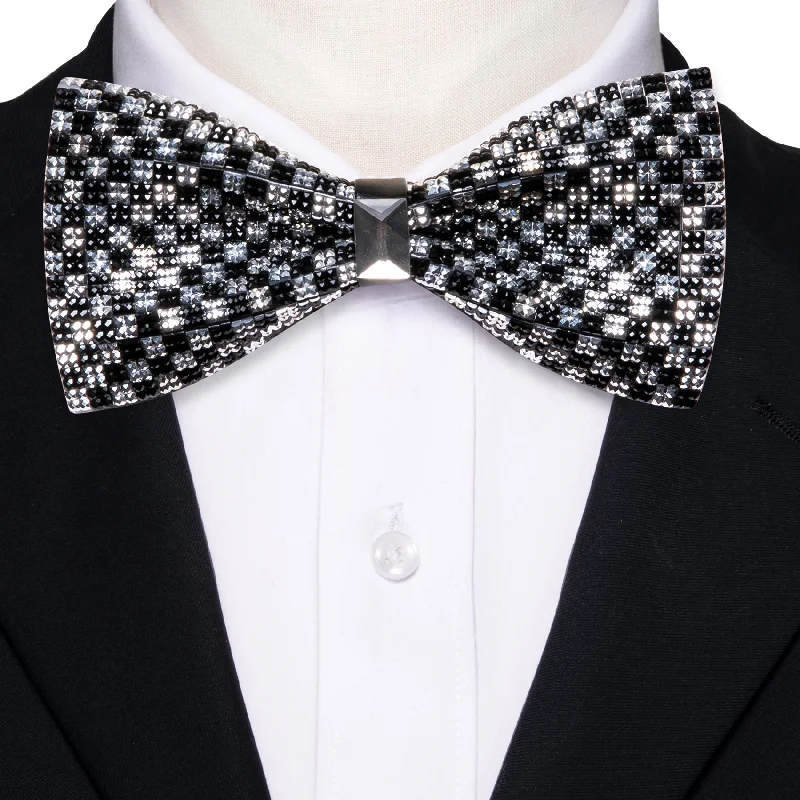 Best men's tie for a corporate look-Shining Black White Plaid Rhinestones Pre-tied Bowties Fashion For Wedding Party