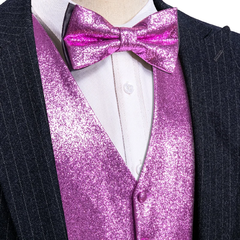 Stylish men's tie for corporate celebrations-Barry Wang Shining Men's Purple Solid Silk Bowtie V-Neck Waistcoat Set