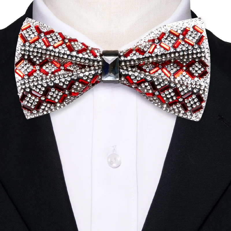 Stylish men's tie with bold geometric designs-Shining Red White Plaid Rhinestones Pre-tied Bowties Fashion For Wedding Party