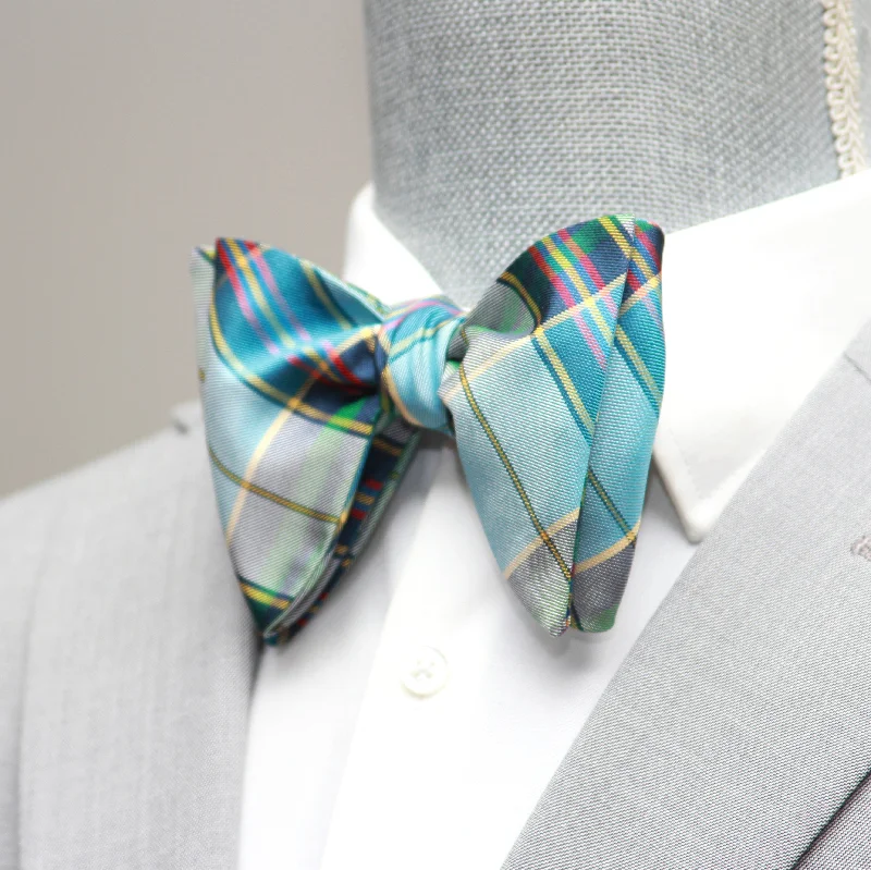 Stylish men's tie with dark shades-Silk Plaid Blue Bow Tie