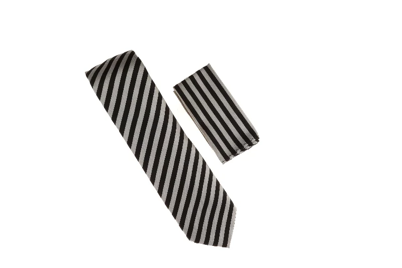 Men's tie with fine stripes for professional wear-Silver and Black Striped Necktie Set with Matching Pocket Square LTD-BB8