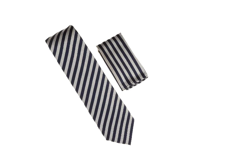 Classic men's tie with elegant colors for work-Silver and Navy Striped Necktie Set with Matching Pocket Square