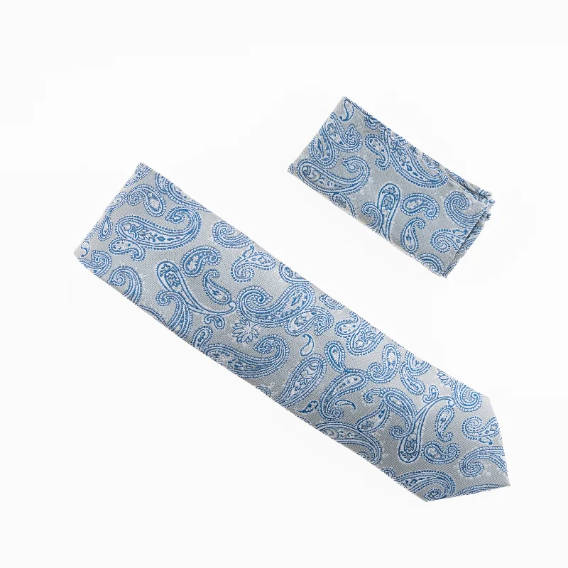 Men's tie with luxurious silk for a smooth finish-Silver and Grey Paisley Designed Extra Long Necktie Tie with Matching Pocket Square