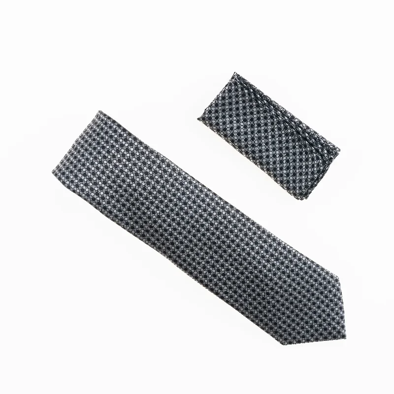 Best tie for men with geometric prints-Silver, Black & Grey Designed Extra Long Necktie Tie with Matching Pocket Square