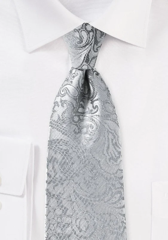 Men's tie with minimalistic checks for office wear-Silver Floral Paisley Necktie