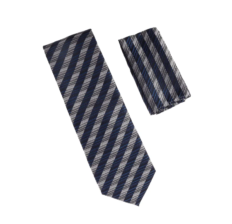 Best men's tie for casual business meetings-Silver, Grey, Black and Blue Stripped Extra Long Silk Tie With Matching Pocket Square