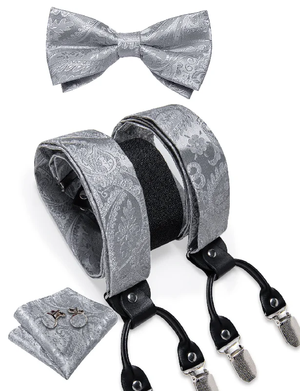 Best men's tie for casual business meetings-Silver Grey Paisley Brace Clip-on Men's Suspender with Bow Tie Set