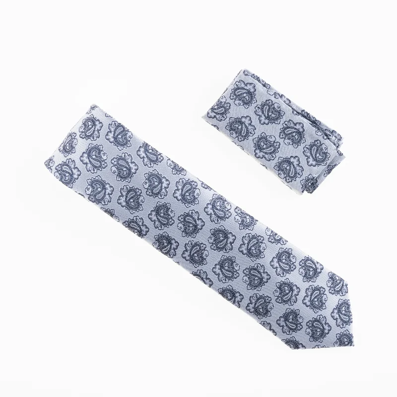 Elegant men's tie with intricate detailing for office wear-Silver & Grey Paisley Designed Extra Long Necktie Tie with Matching Pocket Square