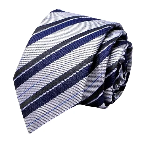 Men's tie for formal and elegant affairs-Classy Men Silver Navy Blue Striped Silk Tie