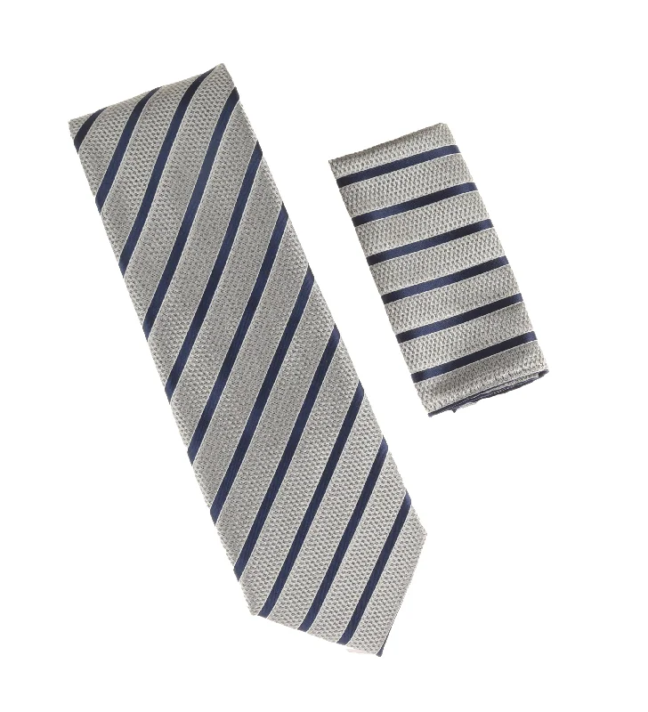 Stylish tie with modern geometric elements for casual wear-Silver & Navy Stripped Extra Long Silk Tie With Matching Pocket Square