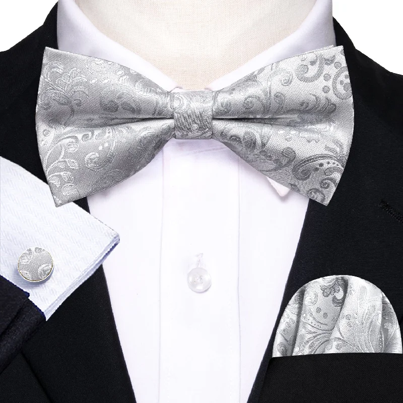 Men's tie with intricate jacquard design-Mens Silver Paisley Bow Tie Set