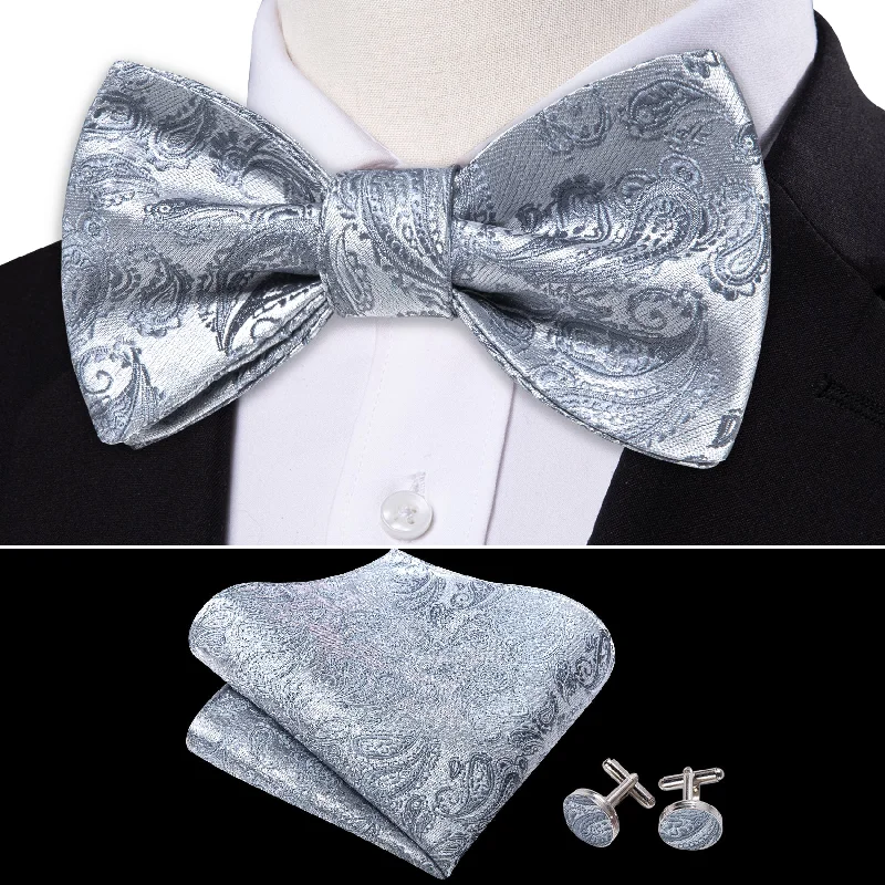 Men's silk tie for holiday parties-Silver Paisley Men's Bow Tie Set