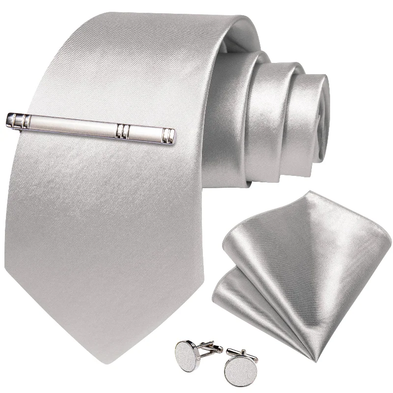 Elegant men's tie for corporate meetings-Silver Solid Men's Tie Handkerchief Cufflinks Clip Set